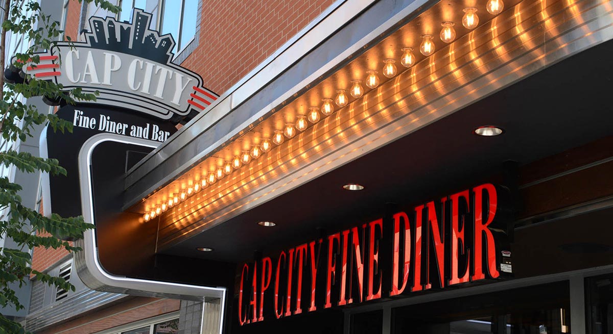 Cap City Fine Diner restaurant entrance signage at Dublin, Ohio location